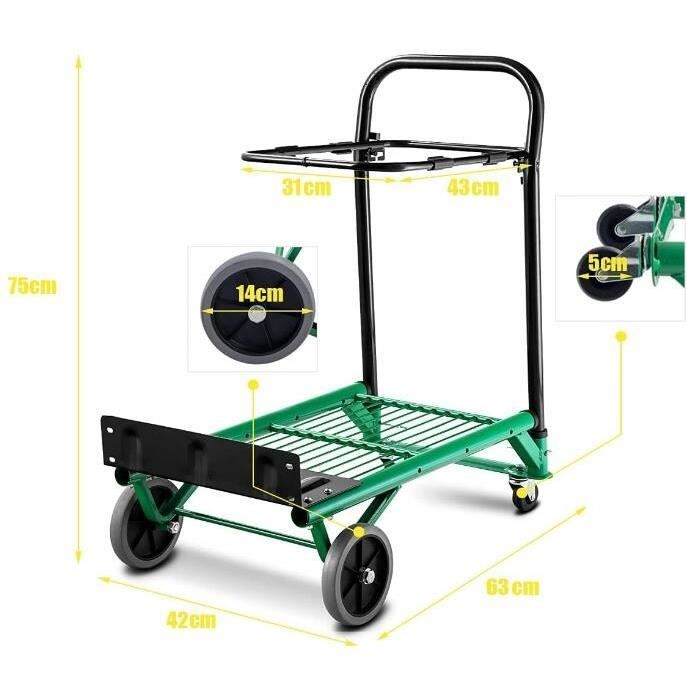 Carretilla de mano GYMAX con asa antideslizante, carrito manual 2 en 1 con plataforma para supermercados, capacidad de carga de 90 kg.