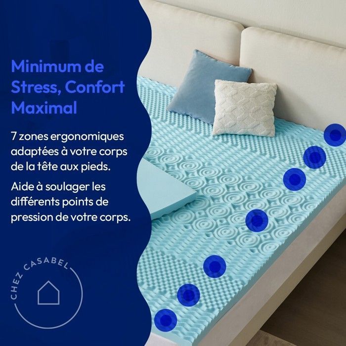 CASABEL Surmatelas 140x190 cm - Mémoire De Forme Zones Ergonomiques Gel Infusé Bleu - 5 cm - Sur-matelas Confort
