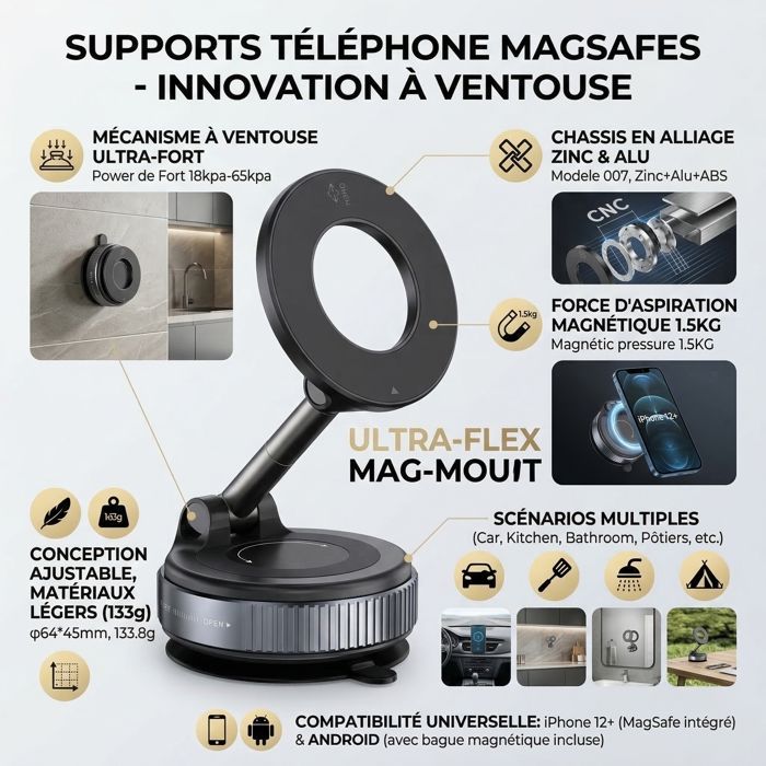 Soporte magnético para teléfono de coche K007 - Aleación - Succión al vacío - Plegable - Compatible con MagSafe - Soporte universal para coche - Negro