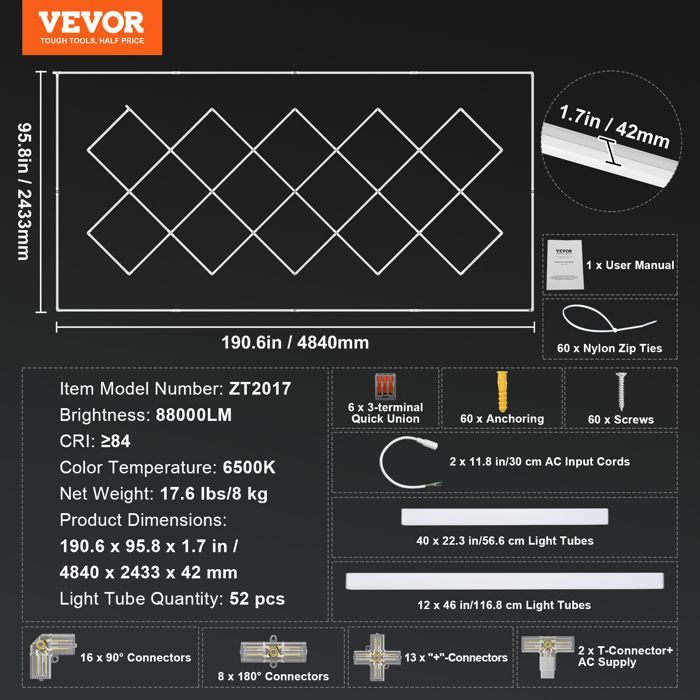 Lámpara LED VEVOR para garaje/taller, luz blanca fría, 88000 lm, 6500 K - ideal para sótanos, almacenes y talleres de detallado de automóviles.