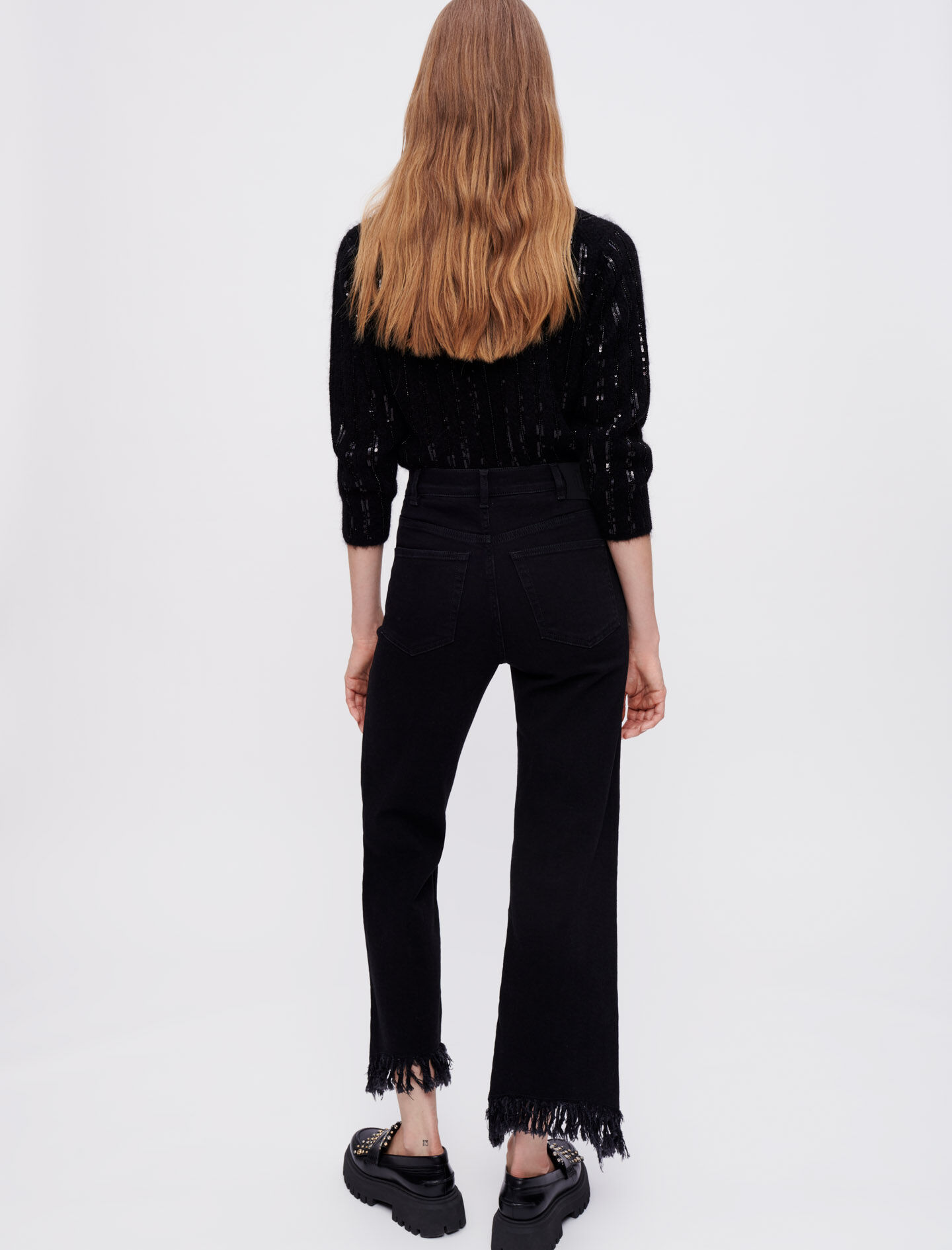 Zwarte jeans met hoge taille en gerafelde randen - Zwart