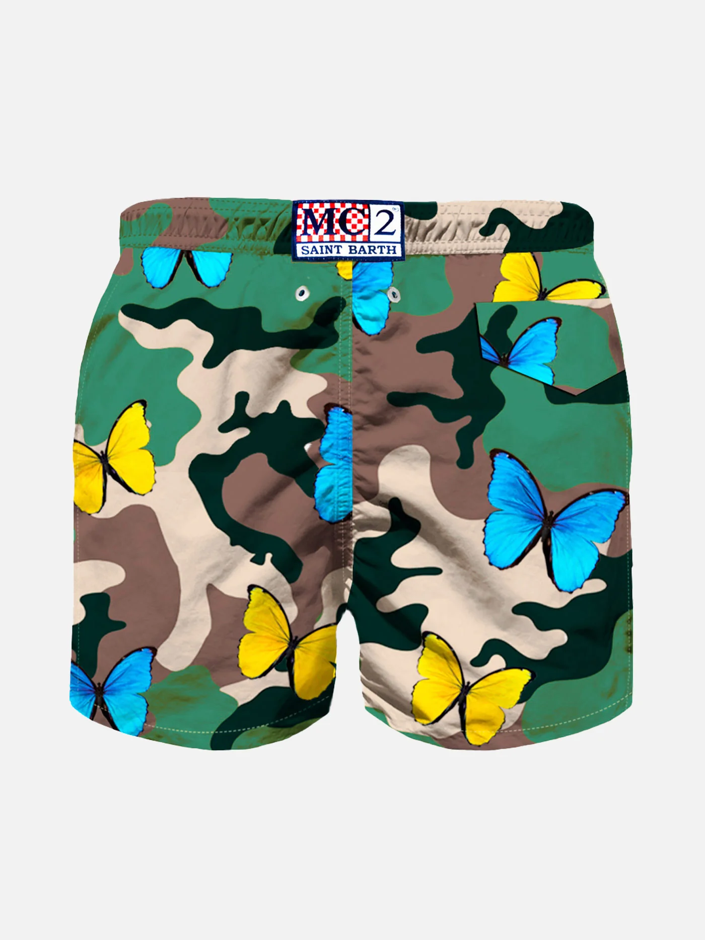 Costume da bagno leggero da bambino con stampa farfalle e fondo camouf