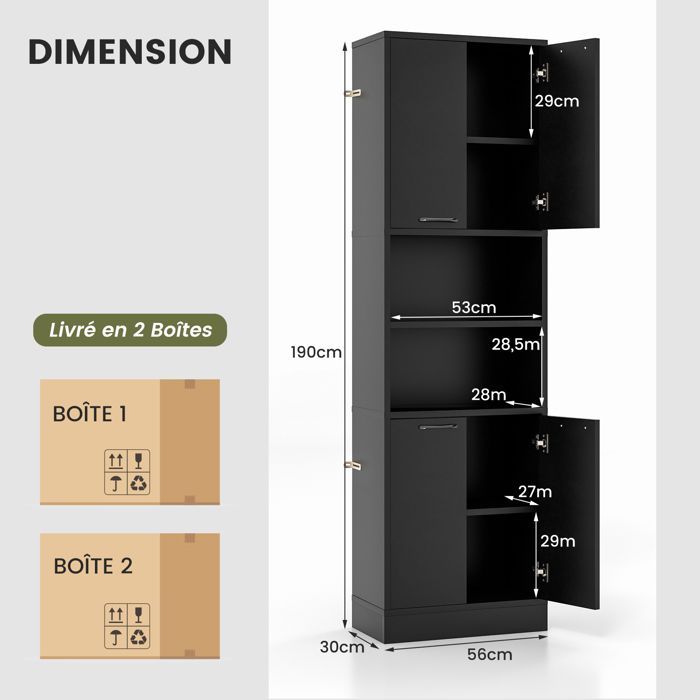 Aparador de cocina GIANTEX de 6 niveles, 190 cm de alto - 2 armarios con 4 puertas + 2 compartimentos - Mueble de almacenamiento para baño - Negro