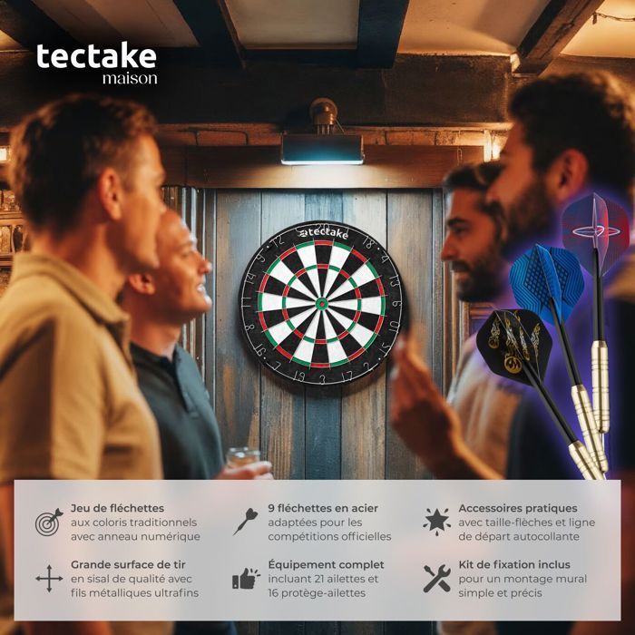 Dartbord - TECTAKE - BULLY target met 9 darts en 21 flights, inclusief bevestigingsmateriaal, 45 x 4,5 cm