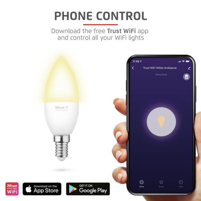 Lampadina intelligente - TRUST - Trust WiFi E14 - Attacco E14 - Dimmerabile 1800–6500K - Nessun hub richiesto, compatibile con Alexa e Google Home