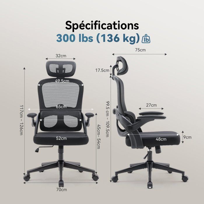 SIHOO Chaise de bureau ergonomique à dossier haut, chaise de bureau en maille avec appui-tête réglable et support lombaire Noir