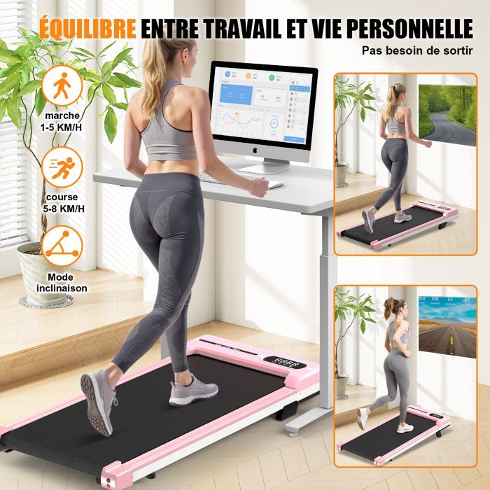 Tapis de course 1-8 km/h avec télécommande et écran LCD - Surface de course 92 x 38,5 cm Rose pour débutants