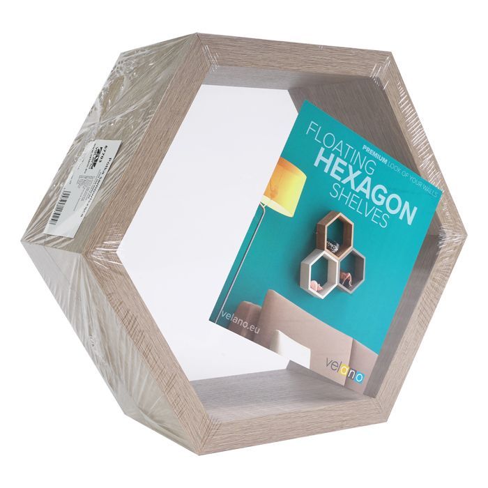 Estantería de pared hexagonal Domax de roble: estante de pared hexagonal decorativo con aspecto de roble certificado FSC®.