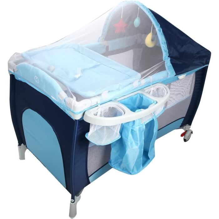 Lettino da viaggio pieghevole DREAMADE per neonati con zanzariera, vano portaoggetti laterale, giocattoli da appendere, musica, ruote con freno, colore blu.