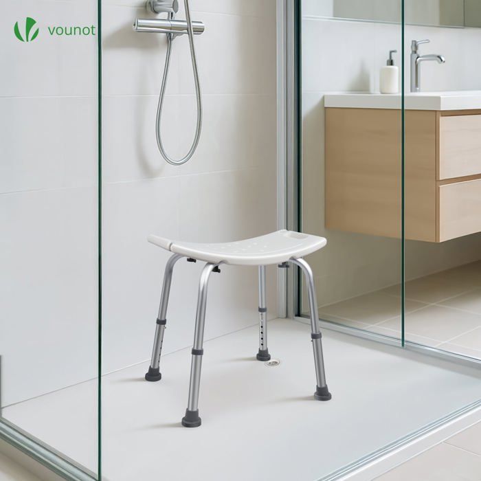 Asiento de ducha ergonómico VOUNOT® - Altura ajustable - Patas antideslizantes - Taburete de aluminio y HDPE - Blanco