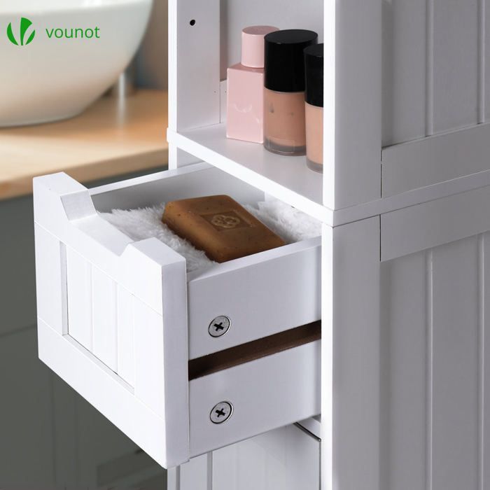 VOUNOT® Bathroom Column 20x20x180cm - Storage unit with adjustable shelves, drawer and cabinet doors - MDF - White