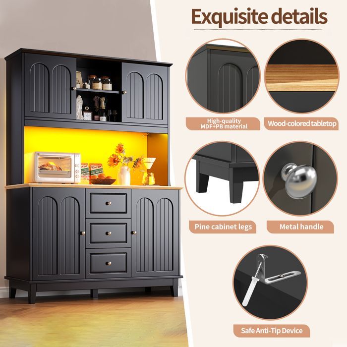 Buffet de cuisine moderne - MODERNLUXE - 120x45x180 cm - 4 portes - 3 tiroirs - 10 étagères - Éclairage LED - Noir