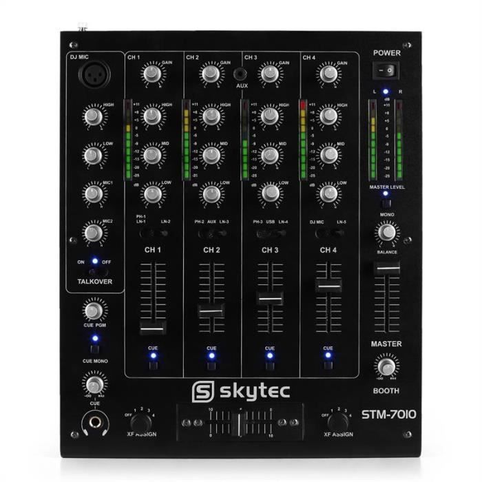 Skytec STM-7010 4-kanaals DJ-mixer - USB, 3,5 mm jack, talkover, vervangbare crossfader