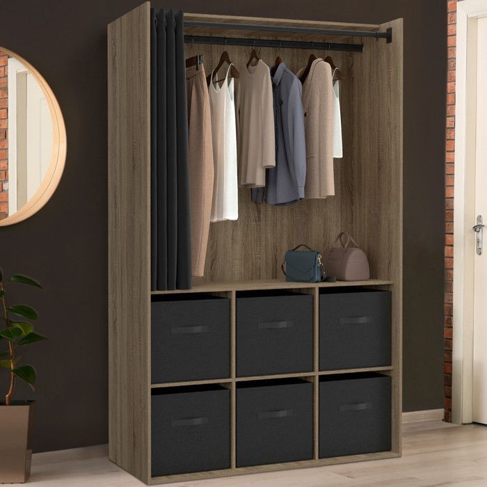IDMARKET DIANE Wardrobe 104 x 50 x 172 cm Beech with 6 Storage Boxes + Black Curtain
