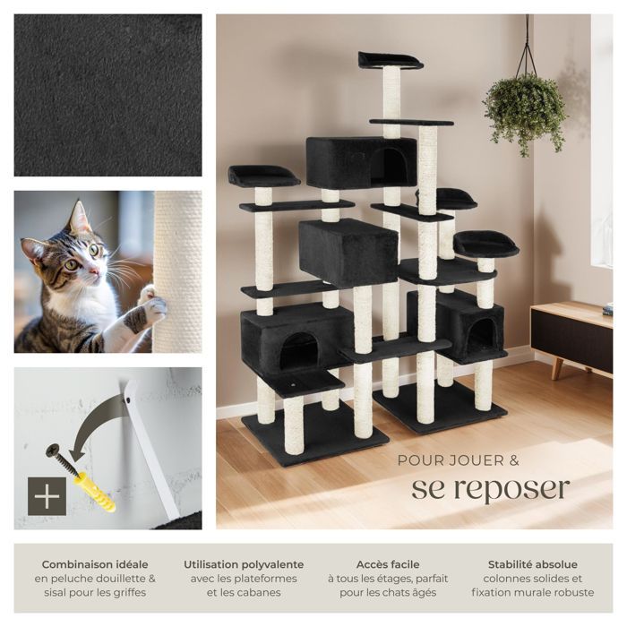 Arbre à chat - TECTAKE - Mobilier pour chat ENTISSAR avec griffoir et 4 cabanes 138 x 60 x 214 cm - Noir