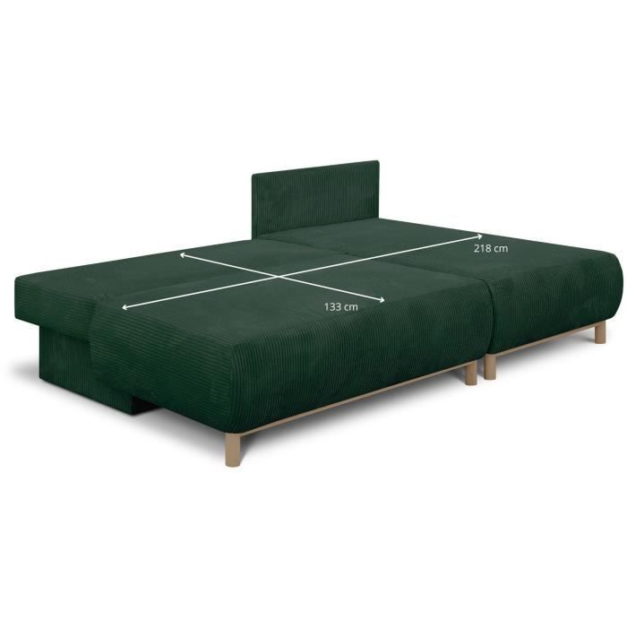 Canapé d'angle droit convertible - 3 places - MIKA - Tissu velours côtelé vert foncé - Coffre de rangement - 192 x 84 x 93 cm