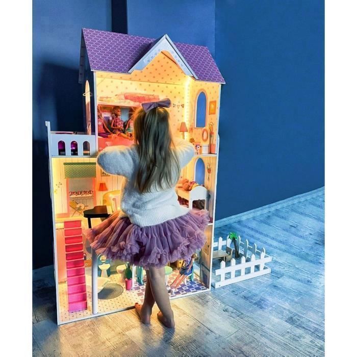 Grande casa delle bambole in legno per bambini - Mamabrum - Illuminazione a LED 123x34x114 cm, 3 piani, terrazza - Gioco di ruolo