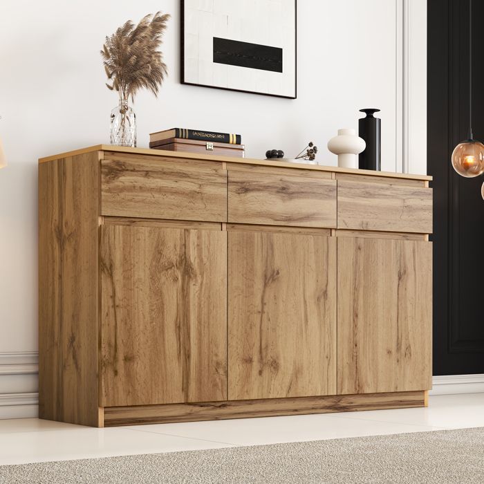 Niedriges Sideboard 135×40×81 cm mit 3 Türen und 3 Schubladen, Wohnzimmer-Sideboard mit Stauraum, Küchen-Sideboard in Holzoptik