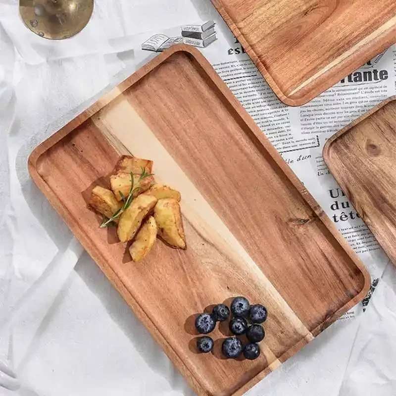 Plateau en bois naturel, plateau à café rectangulaire, assiette à fruits, plateaux de rangement pour aliments, plateaux de service pour hôtels et maisons, plateau à thé, accessoires de décoration