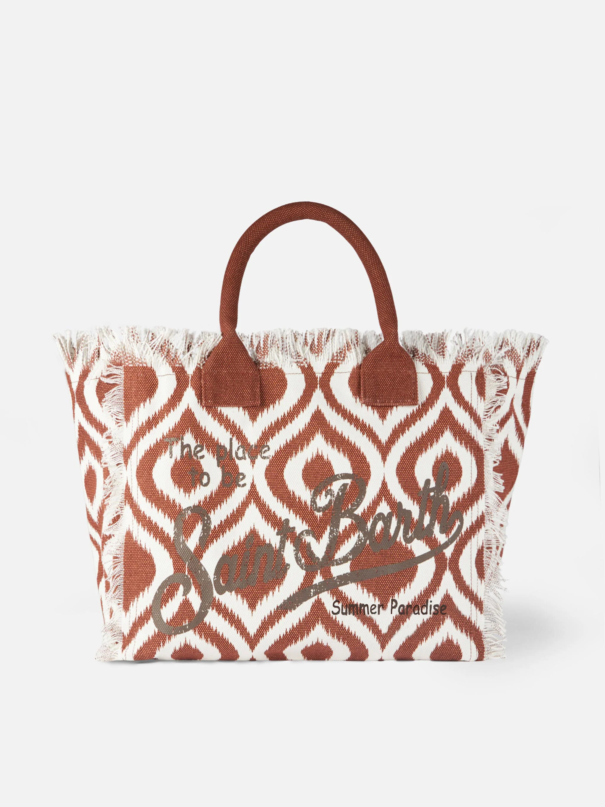 Vanity Canvas Brown and White All-Over Ikat Pattern Shoulder Tote Bag | Logo Print, Inside Zip Pocket | 100% Cotton | | MC2 Saint Barth
