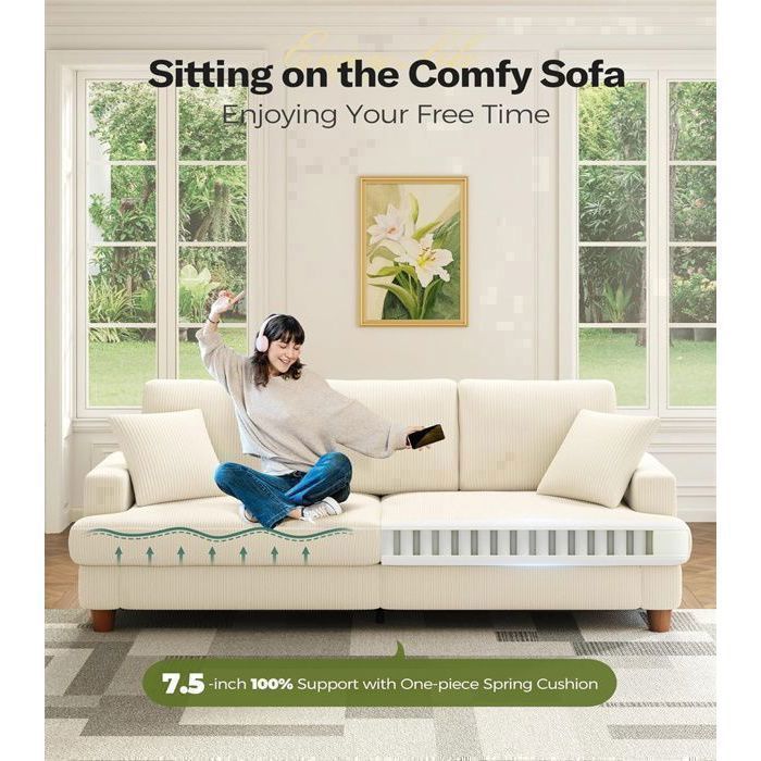 Large 3-Seater Beige Corduroy Sofa, Scandinavian Style with 3 Cushions and 2 Pillows for the Living Room, 220×76×84cm