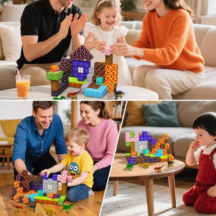 Juego de 100 bloques de construcción magnéticos - Juguete magnético para armar con 4 dinosaurios - Regalo para niños de 3, 4, 5, 6, 7 y 8 años.