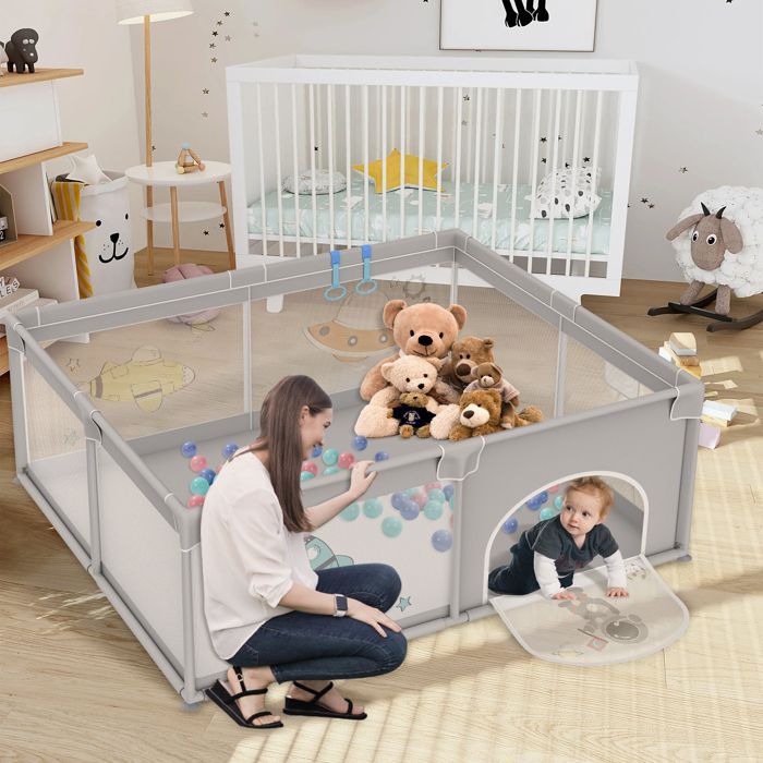 Parc pour enfants sur le thème de l'espace, avec filet respirant et fermeture éclair (gris, 150 x 180 x 68 cm)