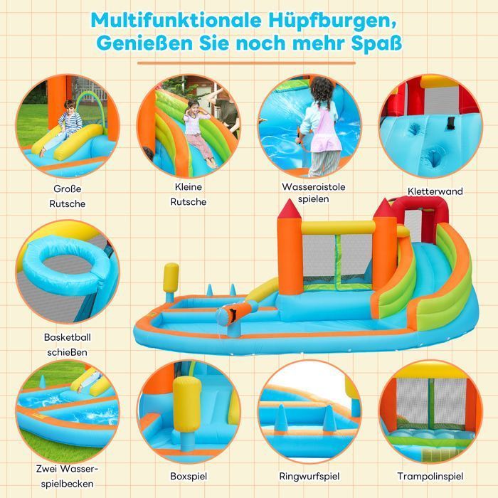 Luscriate - Inflatable castle with slide + trampoline + basketball hoop + water gun, 2 pools (dry and wet), blower - Multicoloured
