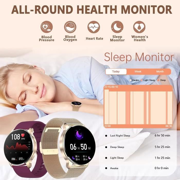 Reloj inteligente para mujer con llamadas Bluetooth y asistente de IA, notificaciones inteligentes, monitorización de frecuencia cardíaca, seguimiento del sueño, resistente al agua [H698]