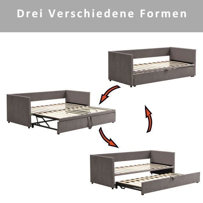90x200cm Extendable bed frame in grey velvet with slatted base, extends up to 180x200cm, sofa bed, without mattress