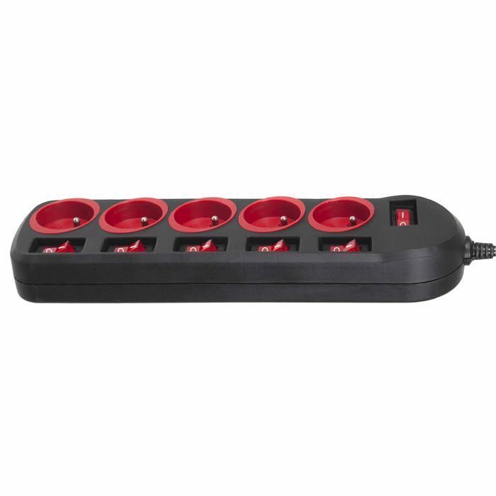 Regleta - Maclean Energy - 5 enchufes - Interruptor iluminado - 1,5 m - Negro/Rojo