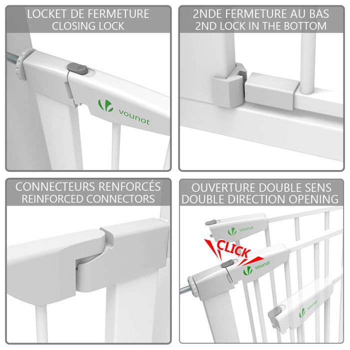 VOUNOT® Barrière de sécurité en métal - 100 à 108 cm - Sans perçage - Fermeture auto et magnétique, double verrouillage - Blanc