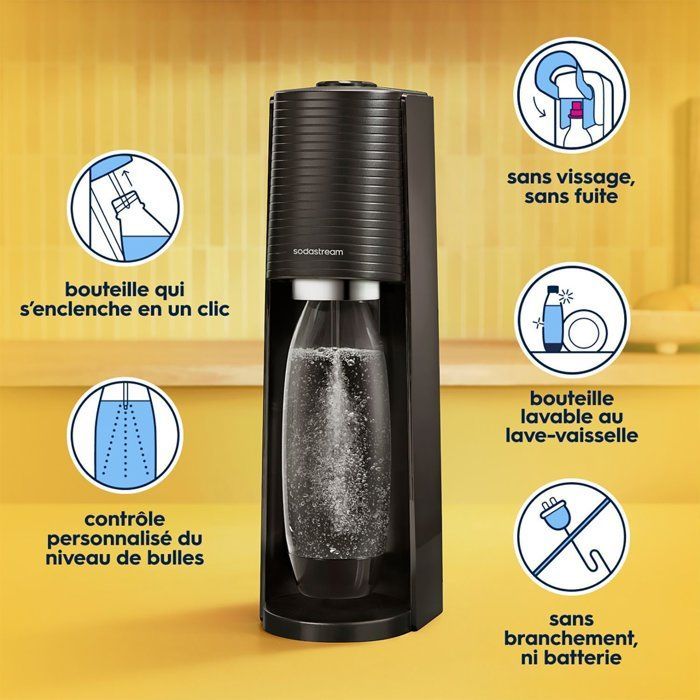 Machine à soda et eau pétillante SODASTREAM - TERRA Noire - 2 bouteilles compatible lave-vaisselle - 1 recharge de gaz 60L