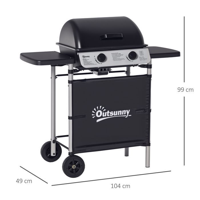 Gas barbecue - Outsunny - 2 stainless steel burners - 2.8 kW power - 2 grills, 2 side shelves, 2 wheels - black