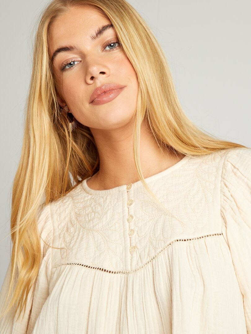 Blusa in garza di cotone con ricamo - BEIGE