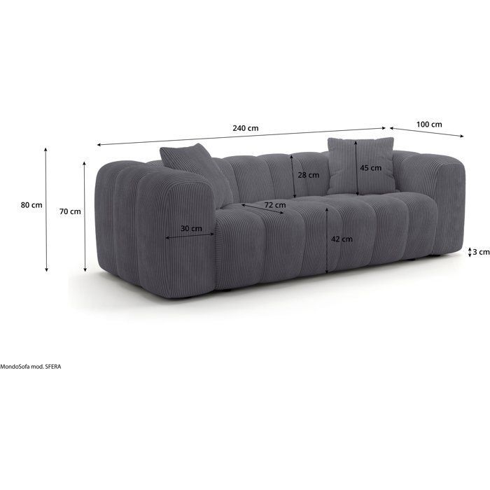 Sofá fijo de 3 plazas - SFERA - Tela gris antracita - 240 x 100 x 80 cm