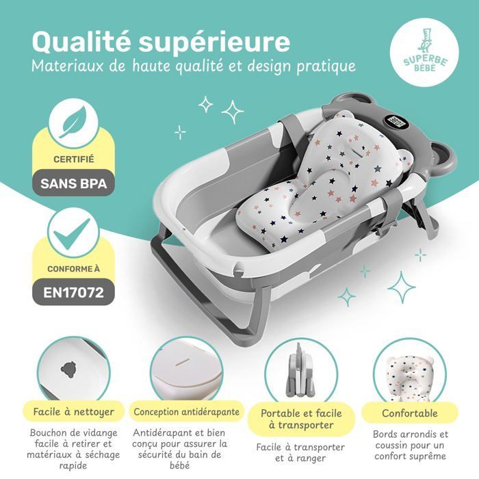 Vaschetta da bagno pieghevole per neonati - Termometro e cuscino inclusi - ORSO - Grigio | SUPERBE BABE