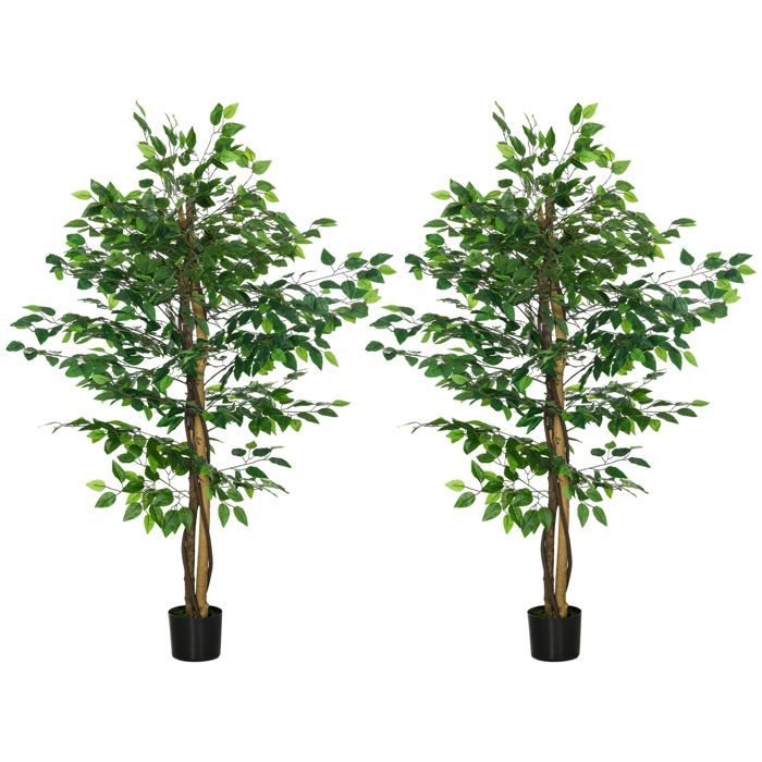 Conjunto de 2 plantas artificiales - ficus, 1,50 m de altura - tronco, ramas, enredaderas, líquenes y hojas realistas, maceta incluida, verde
