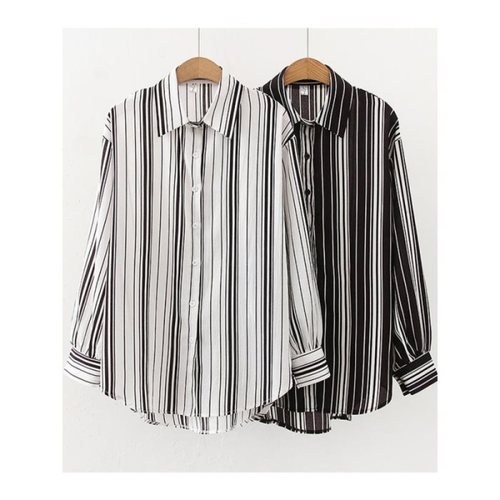 Nueva versión coreana de otoño de la camisa de manga larga suelta con rayas verticales estilo retro salvaje, camisa de moda urbana para mujer.
