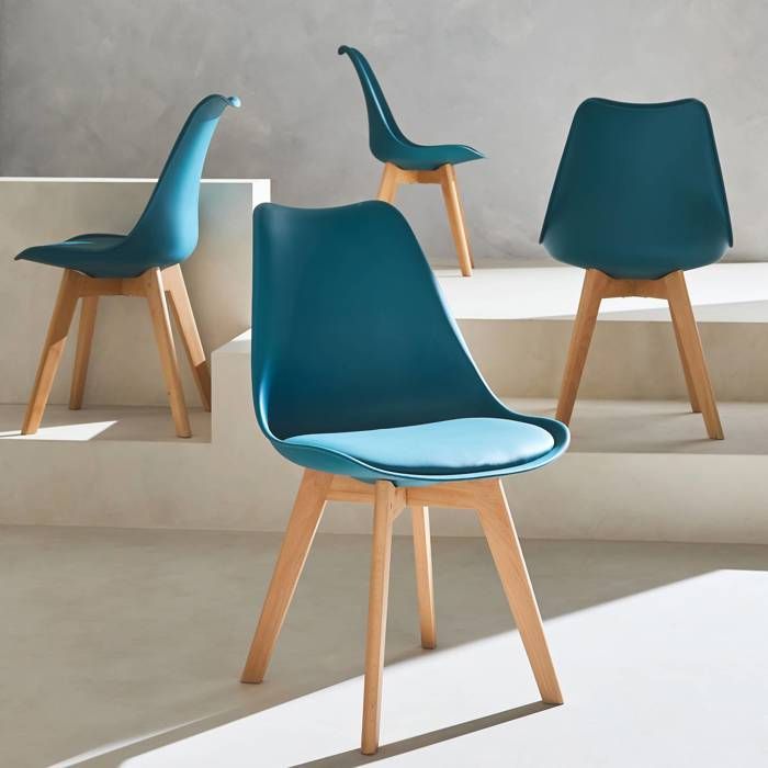 Lot de 4 chaises scandinaves. pieds bois de hêtre. chaises 1 place. bleu canard