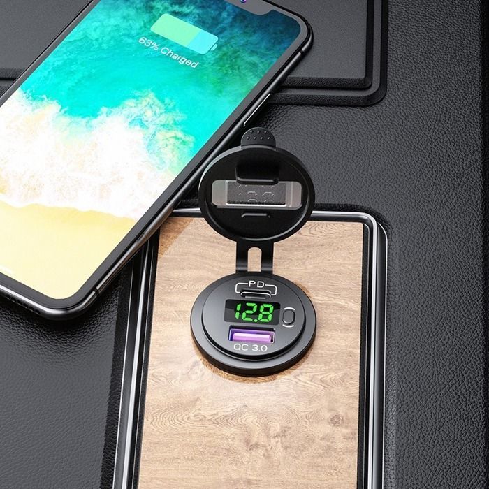 USB-Typ-C-Autoladegerät mit Voltmeter – 60 W PD & QC 3.0 Schnellladung für Motorräder, Wohnmobile und Fahrzeuge