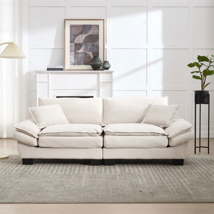 DRIPEX 3-Seater Beige Corduroy Sofa with Pillows, Back Cushions and Armrests, Sturdy Wooden Legs, 224×81×81cm