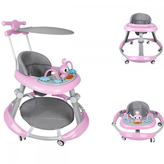 Andador convertible 3 en 1 para bebé XUANYU - Con luz y música - Altura ajustable - Cojín extraíble - Rosa