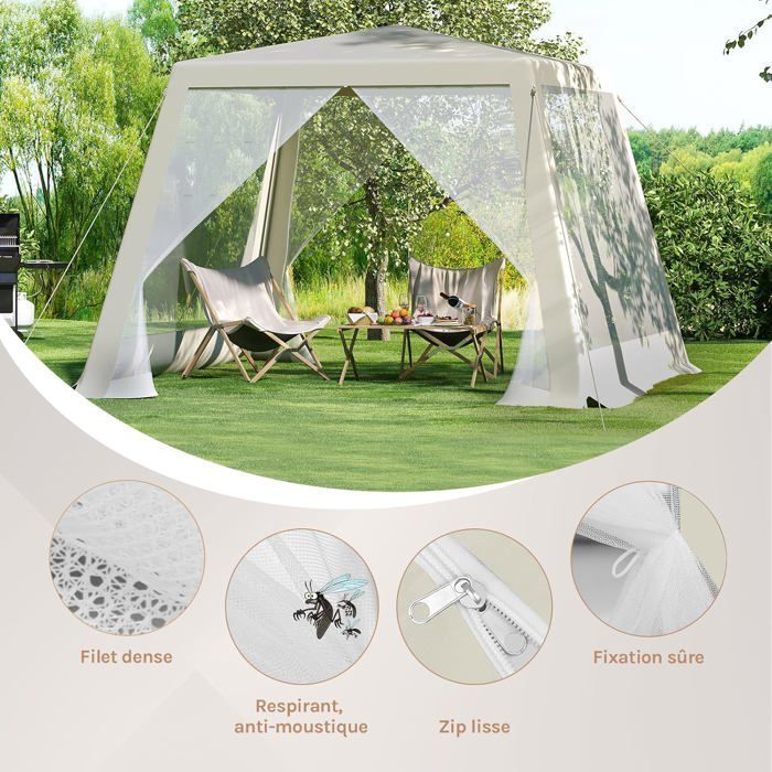 Cenador de jardín WOLTU, pérgola con mosquitera, carpa con paneles laterales de malla, carpa de 3x3x2,5 m, diseño único, color beige.