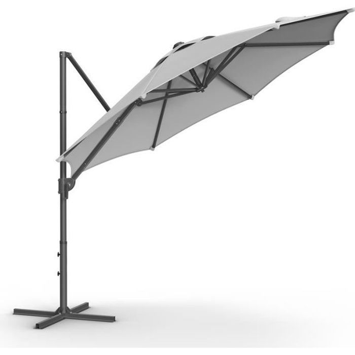 Parasol de Jardin 300 cm, UPF 50+, Pivotant à 360°, Inclinaison Fluide, Manivelle, avec Base en Croix, Gris Tourterelle