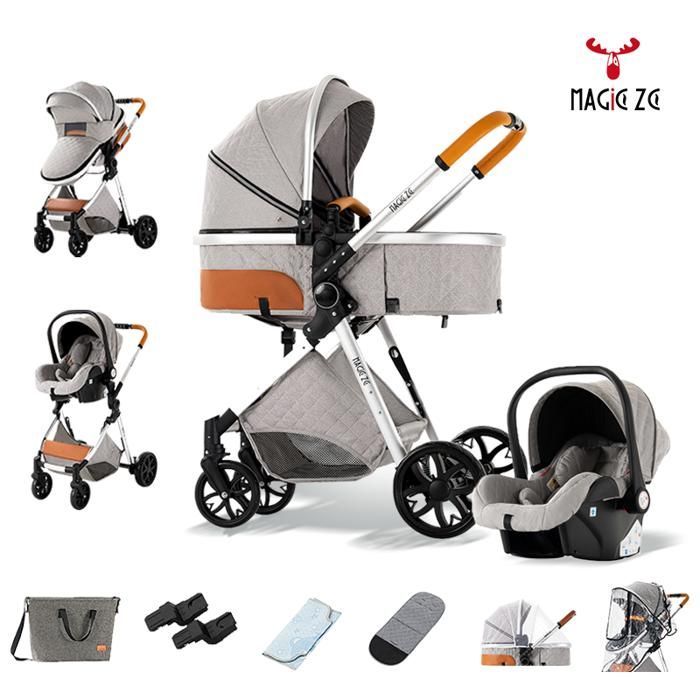 Carrinho de Bebê 3 em 1 MagicZC, Sistema de Viagem para Recém-Nascidos, Bolsa para Mamãe, Encosto Ajustável, 0-3 Anos, Dobrável, Cinza Claro