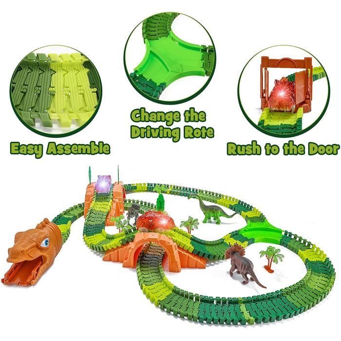 Dinosaure Jouet Circuit de Voiture Enfant, 265 Pièces Dinosaure Jouet avec 2 Jouets Voiture Lumineux, Piste Flexible Circuit Voiture