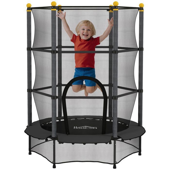 HOMCOM Children's Trampoline Ø 1.40 × 1.90H m Safety Net Zipped Door Spring Covers 6 Padded Poles Included Black
