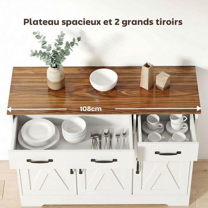 Aparador de cocina - HOMCOM - 3 puertas correderas y 2 cajones - Soporte para TV de hasta 50 pulgadas - Madera - 108x40x81cm - Blanco