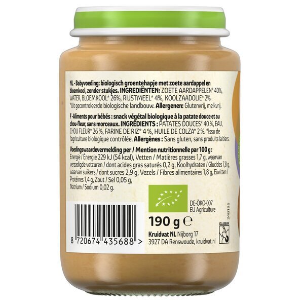 Kruidvat 6+M Bioloģiskais saldo kartupeļu un ziedkāpostu ēdiens<br>190g